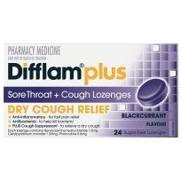 Difflam Plus Sore Throat + Dry Cough Relief Lozenges Blackcurrant 24 Pack